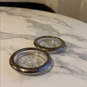 Vintage Glass Coaster Set with Silver-Tone Rim